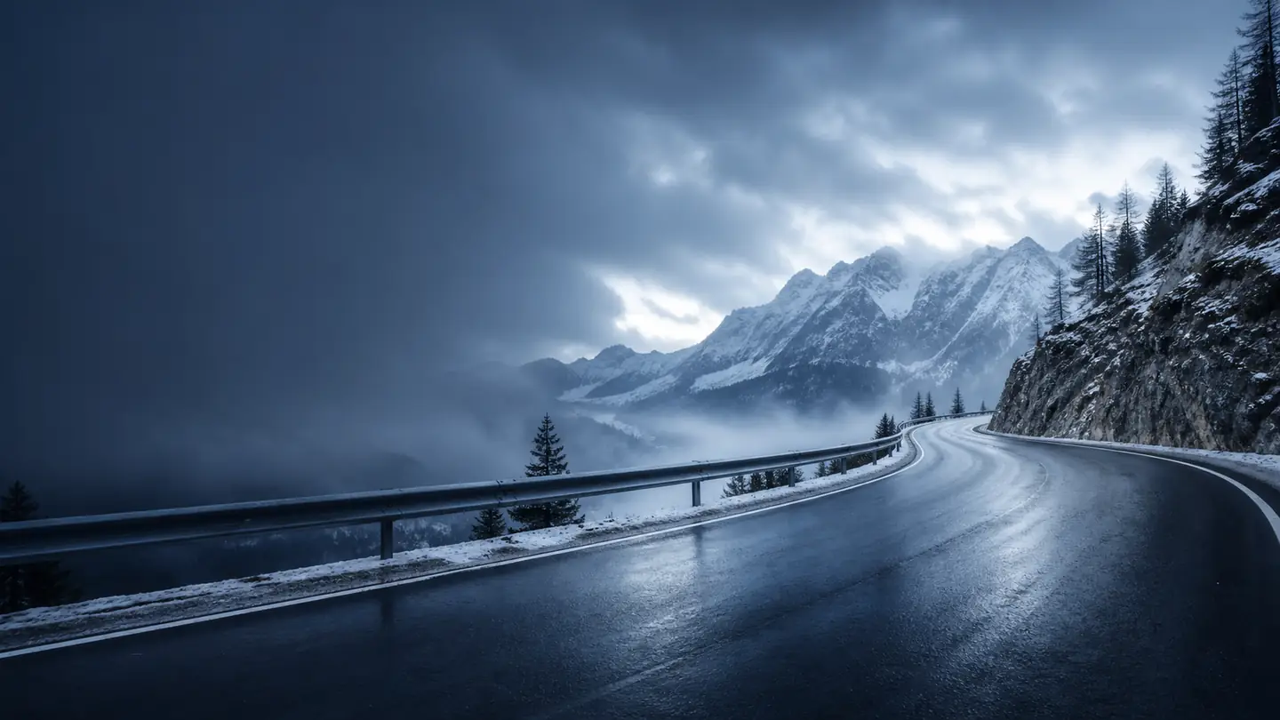 Pusta mokra droga w wysokich górach z cienką warstwą śniegu na poboczach - Falken Eurowinter HS02 Pro na mokry asfalt, śnieg i błoto