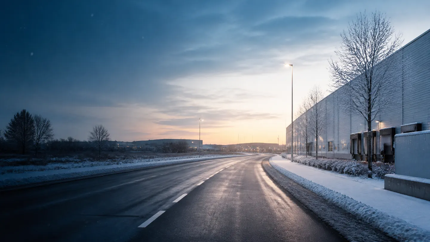 Pusta odśnieżona droga przez dzielnicę logistyczną o zimowym świcie - Falken Eurowinter VAN01 na śnieg i mokrą trasę dostaw