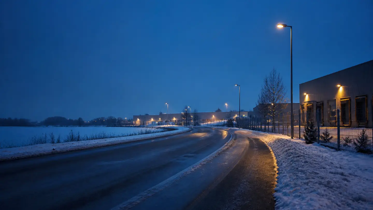 Pusta odśnieżona droga w zimowej strefie magazynowej o świcie - Firestone Vanhawk 2 Winter EVO przez zimowy dzień dostaw