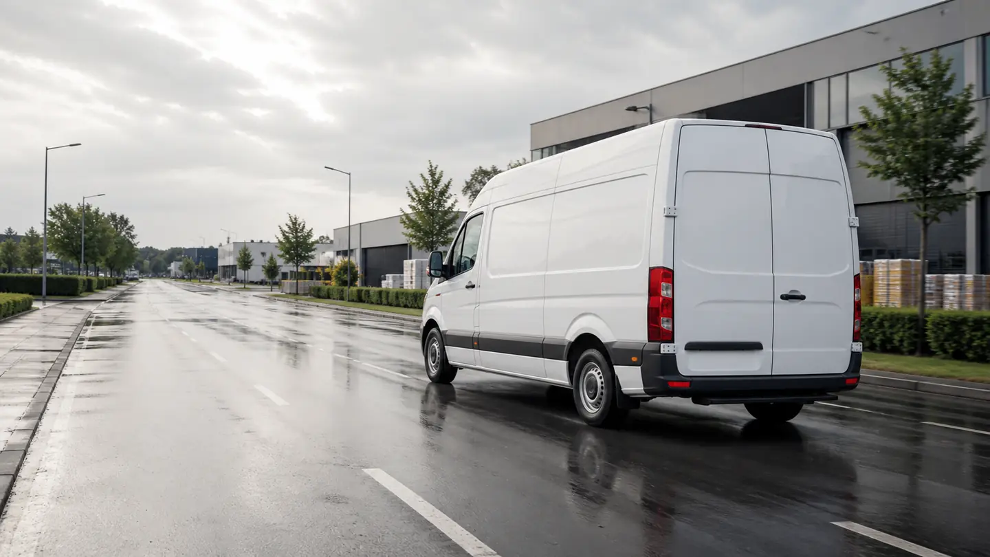 Biały samochód dostawczy na mokrej ulicy dzielnicy usługowej - Firestone Vanhawk 3 w codziennej pracy samochodu dostawczego