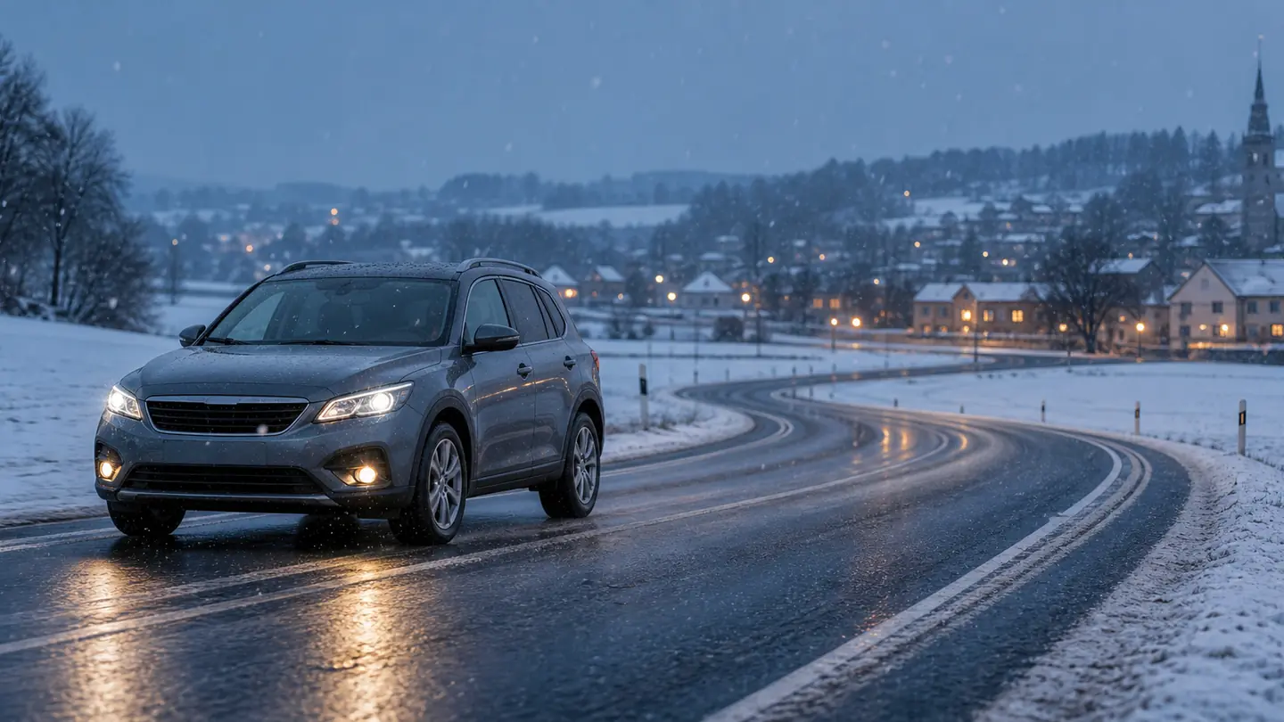 Kompaktowy crossover podczas lekkiego śniegu na odśnieżonej drodze - Firestone Winterhawk 4 na śnieżne dojazdy i zimowy deszcz