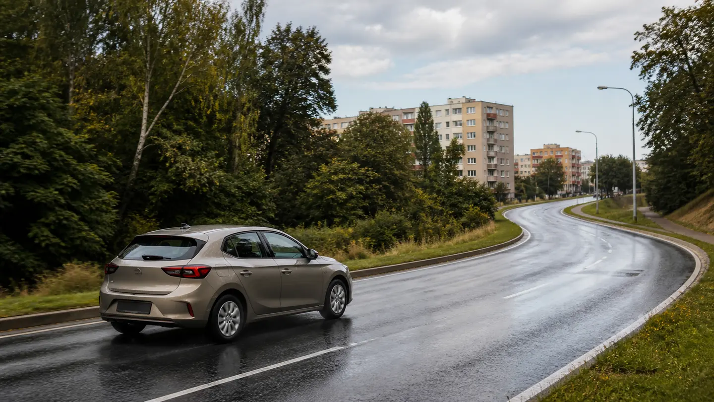 Beżowy kompakt na mokrej miejskiej obwodnicy po letnim deszczu - Fulda EcoControl po deszczu i na suchym asfalcie