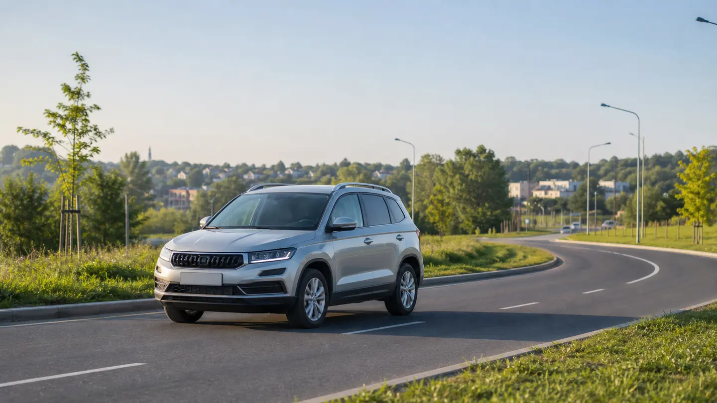 Srebrny rodzinny SUV na łagodnym łuku suchej podmiejskiej obwodnicy - Fulda EcoControl SUV na codzienną szosę większego auta