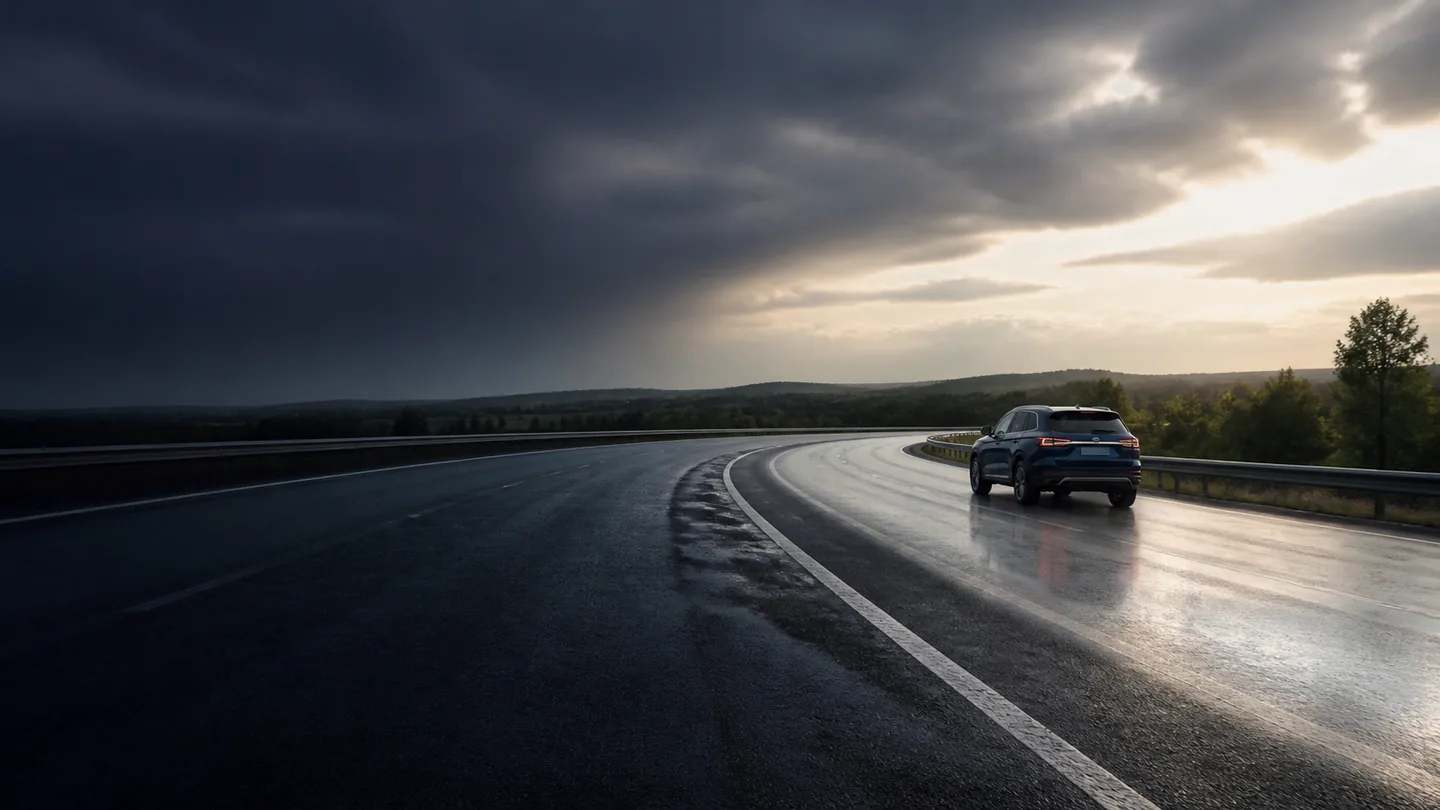 Granatowy SUV na szerokim mokrym łuku autostrady po letnim deszczu - Goodyear Eagle F1 Asymmetric 3 SUV na mokrą i suchą trasę