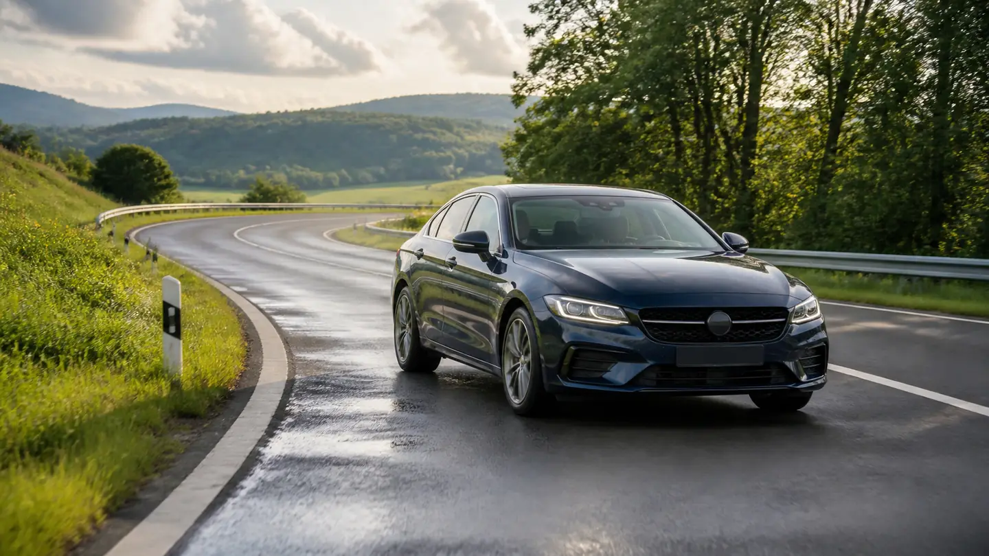 Sportowy sedan na krętej letniej drodze po deszczu - Goodyear Eagle F1 Asymmetric 6 na suchej i mokrej trasie