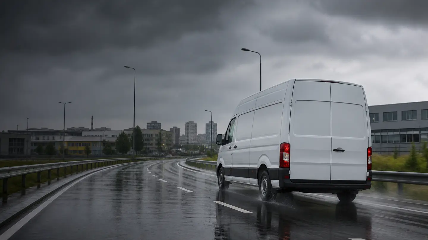 Biały van na mokrej miejskiej obwodnicy podczas deszczowego dnia dostaw - Goodyear EfficientGrip Cargo na deszczowy dzień pracy vana