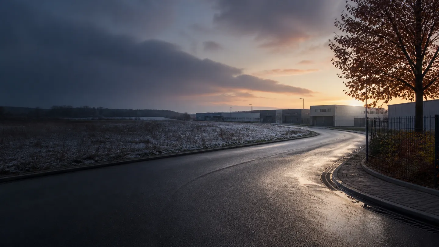 Pusta mokra droga do dzielnicy logistycznej między jesienią i pierwszym śniegiem - Goodyear Vector 4Seasons Cargo przez cały rok dostaw