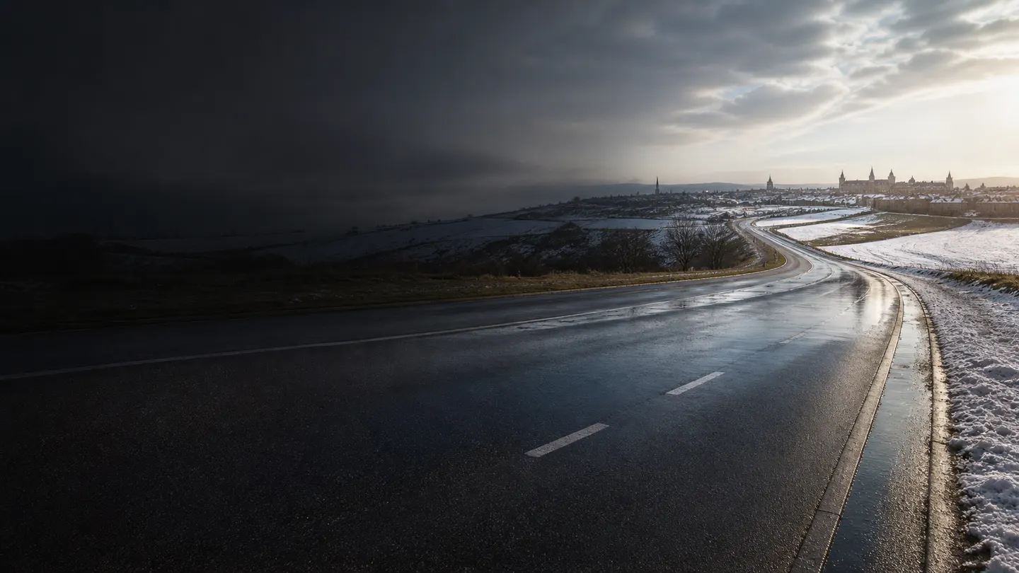 Pusta mokra droga prowadząca z miasta przez pola pokryte lekkim śniegiem - Goodyear Vector 4Seasons Gen-3 SUV przez deszcz i śnieg