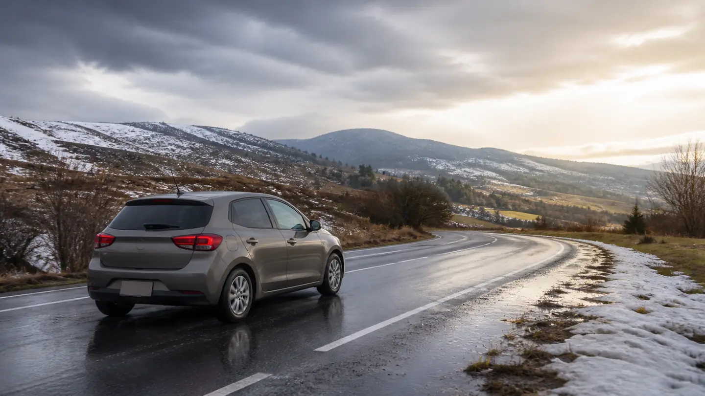 Rodzinny hatchback na mokrej drodze z lekkim śniegiem na poboczach - Hankook Kinergy 4S2 H750 na deszcz, suchą drogę i śnieg