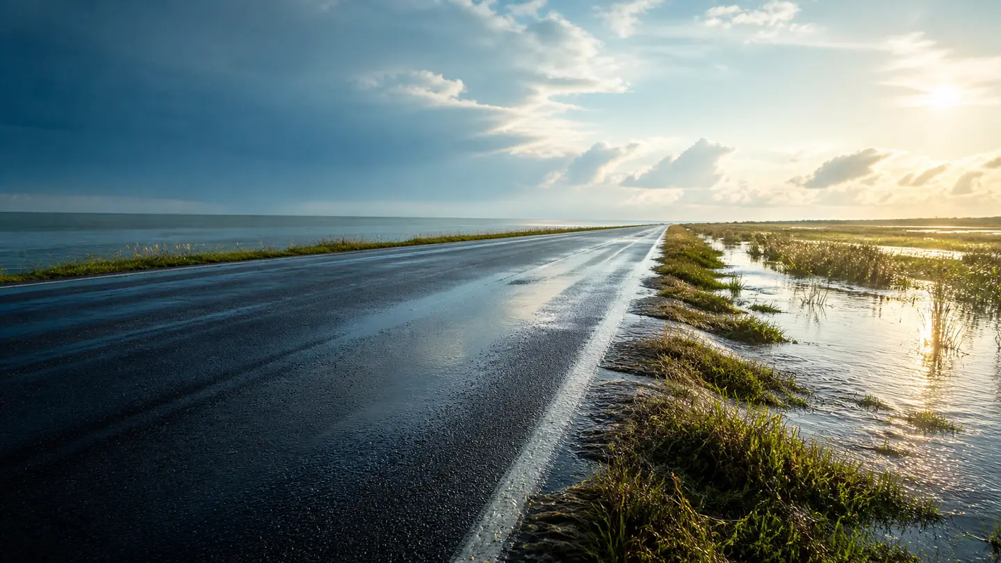 Pusta nadmorska droga z wodą odpływającą po letniej ulewie - Hankook Kinergy eco2 K435 po letniej ulewie