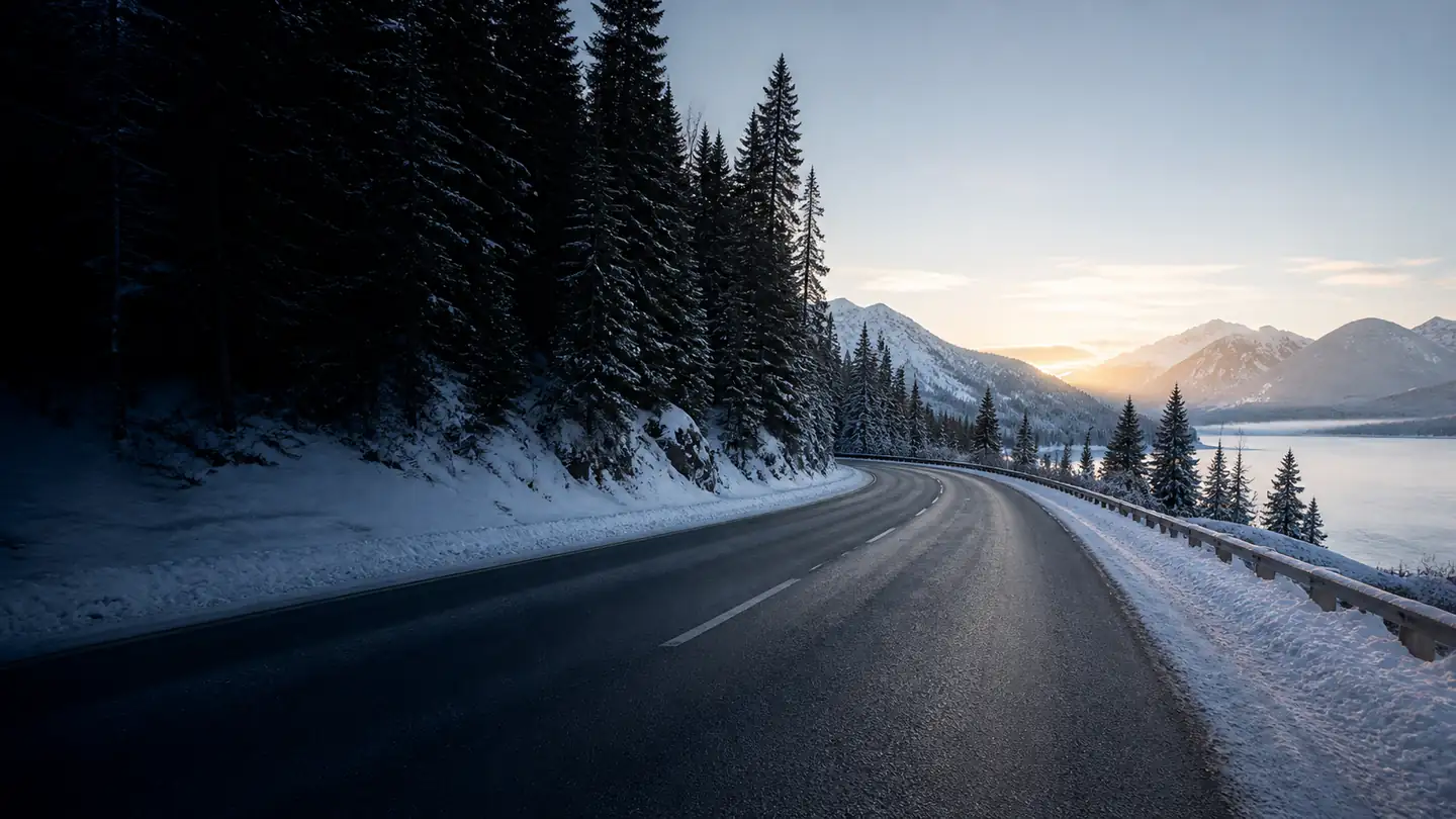 Pusta szeroka droga nad zamarzniętym jeziorem po nocnym odśnieżaniu - Hankook Winter i*cept evo 4 SUV na zimową trasę większego auta