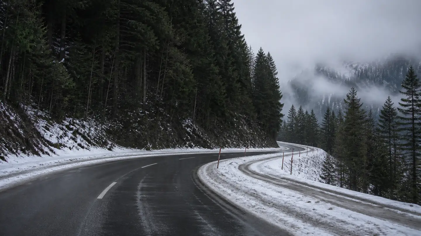 Hankook Winter i*cept RS3 na mokrej serpentynie w zimowym lesie pod niskimi chmurami - Hankook Winter i*cept RS3 na śnieg, deszcz i niską temperaturę