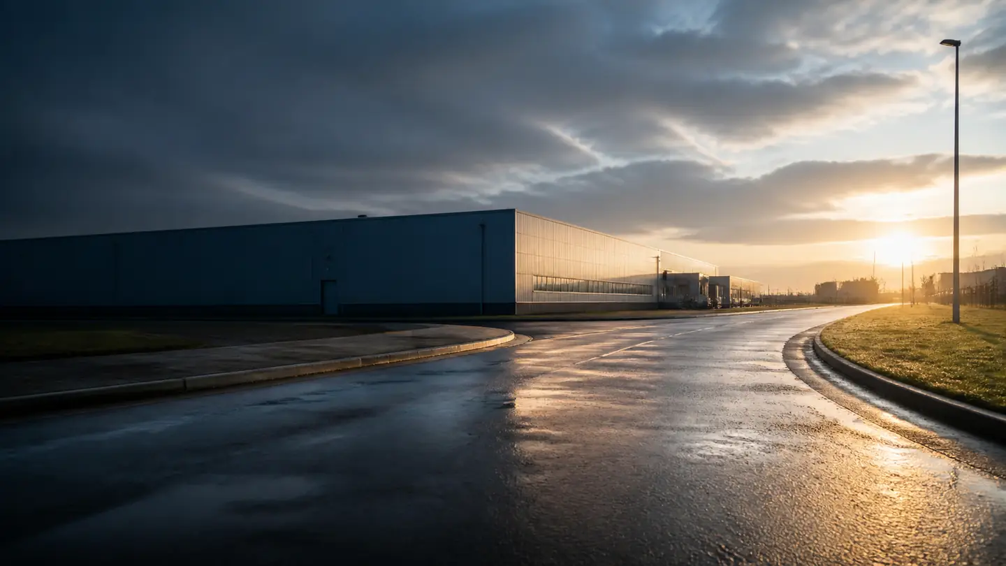 Pusta mokra droga do strefy logistycznej o świcie - Kormoran CargoSpeedEvo na codzienną trasę dostawczą