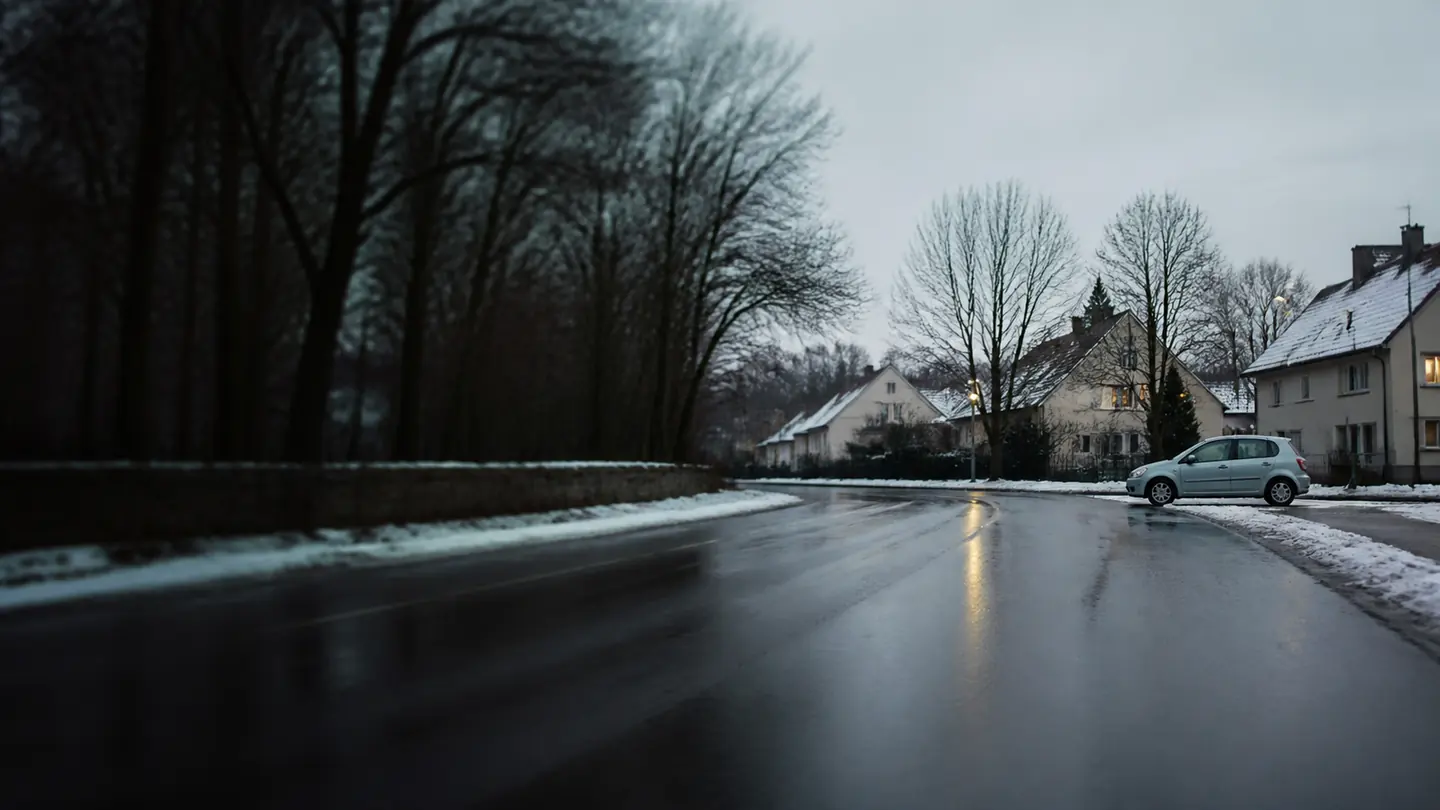 Małe auto na mokrej ulicy podczas zimowej odwilży - Kormoran Snow na śnieg, błoto pośniegowe i zimową odwilż