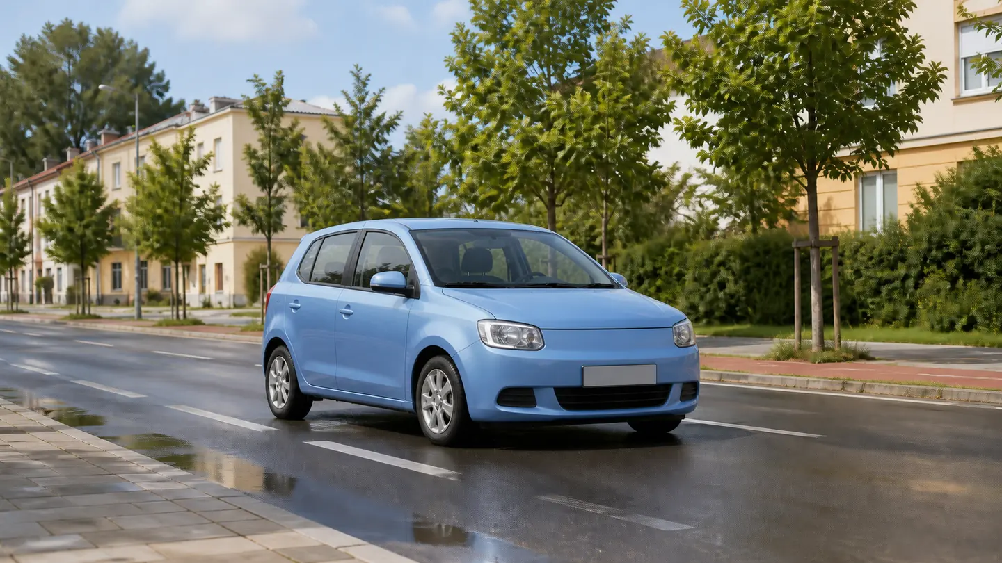 Jasnoniebieski hatchback na miejskiej ulicy wysychającej po deszczu - Kormoran Summer 3 na miejskie dojazdy i letni deszcz