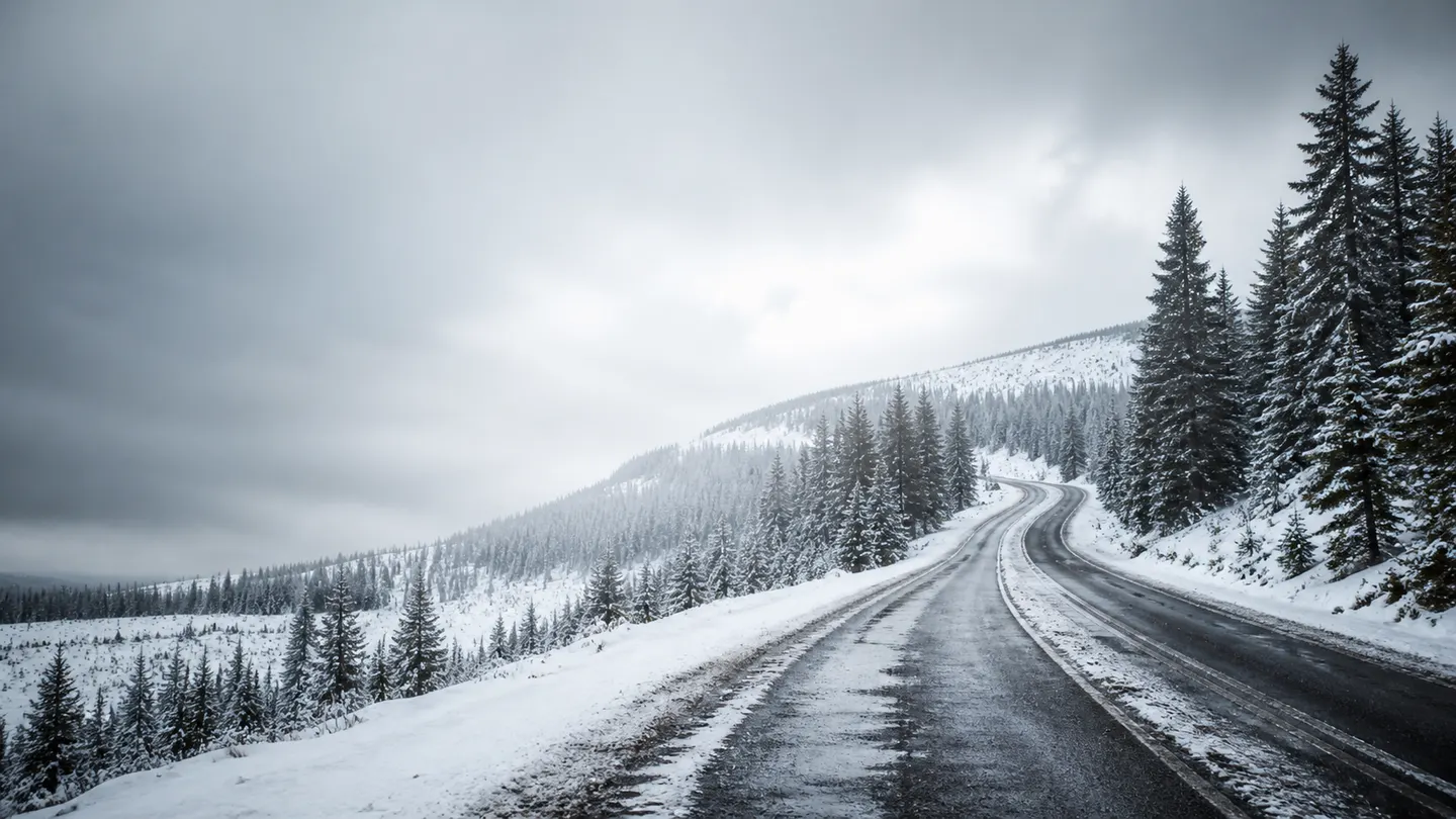 Pusta szeroka droga wspinająca się przez ośnieżony las - Kormoran SUV Snow na szeroką zimową drogę