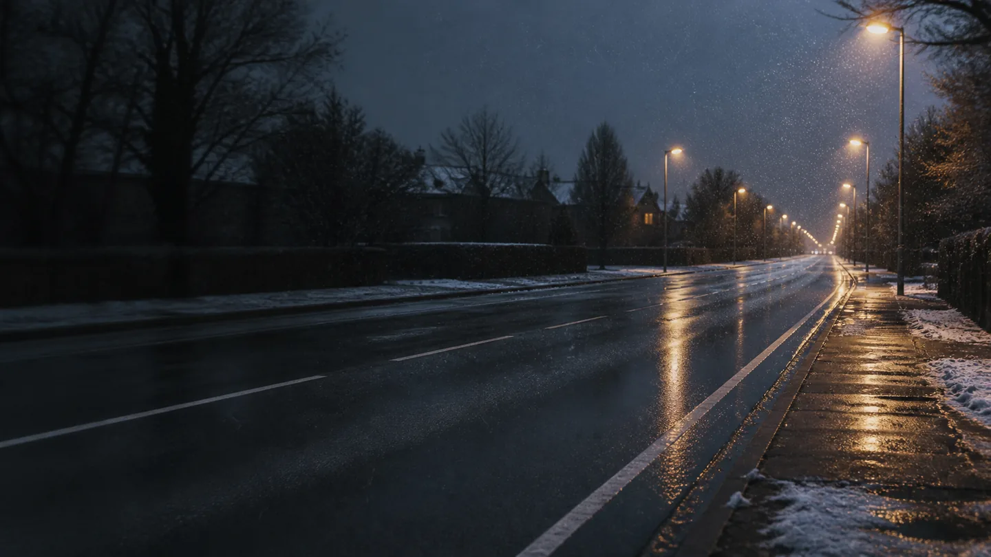 Laufenn G Fit 4S LH71 na mokrej alei podczas wieczornej mżawki ze śniegiem - Laufenn G Fit 4S LH71 na mokre i śnieżne dojazdy