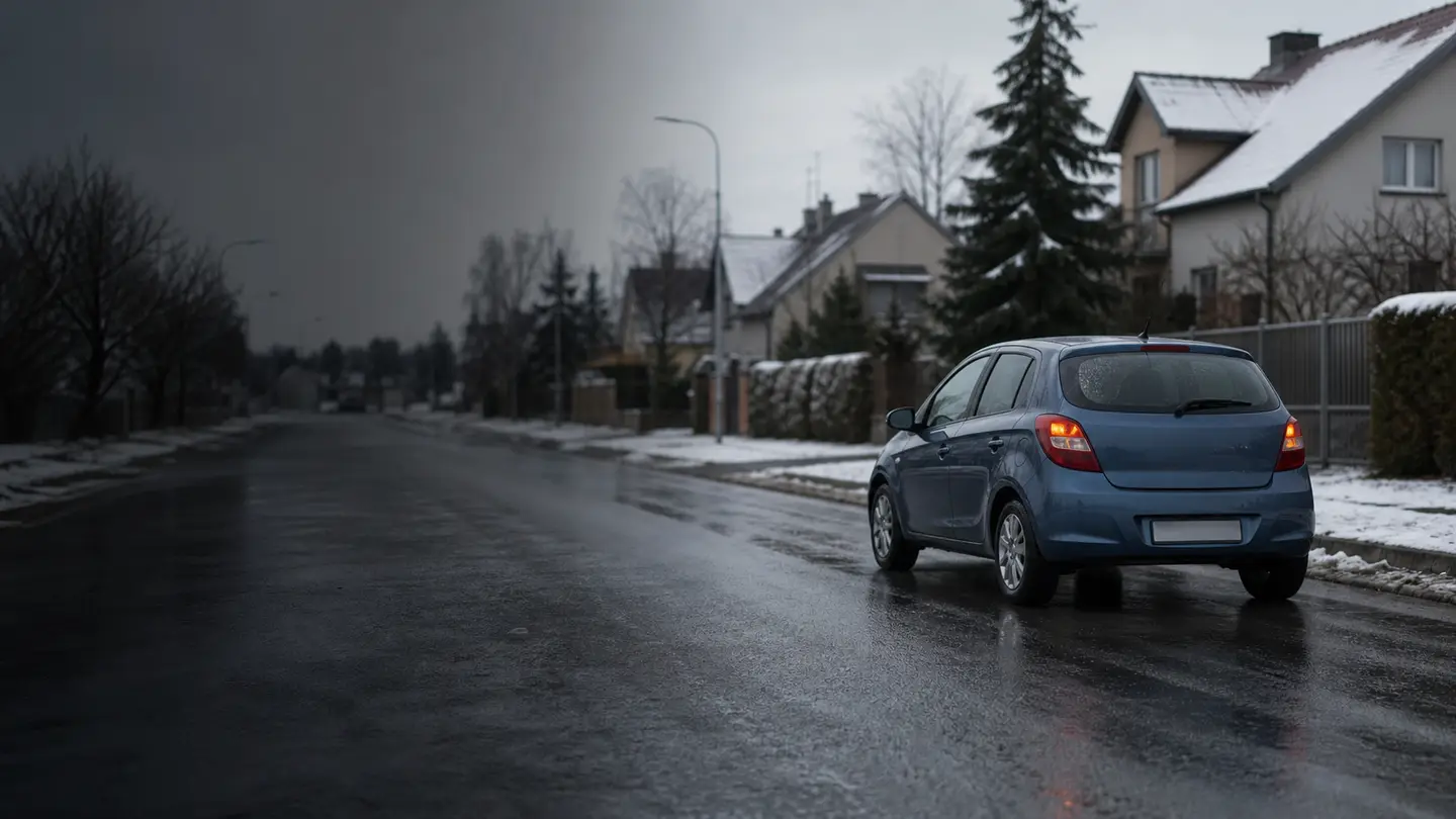 Niebieski hatchback na mokrej osiedlowej ulicy podczas zimowej odwilży - Laufenn i Fit+ LW31 na codzienne zimowe dojazdy