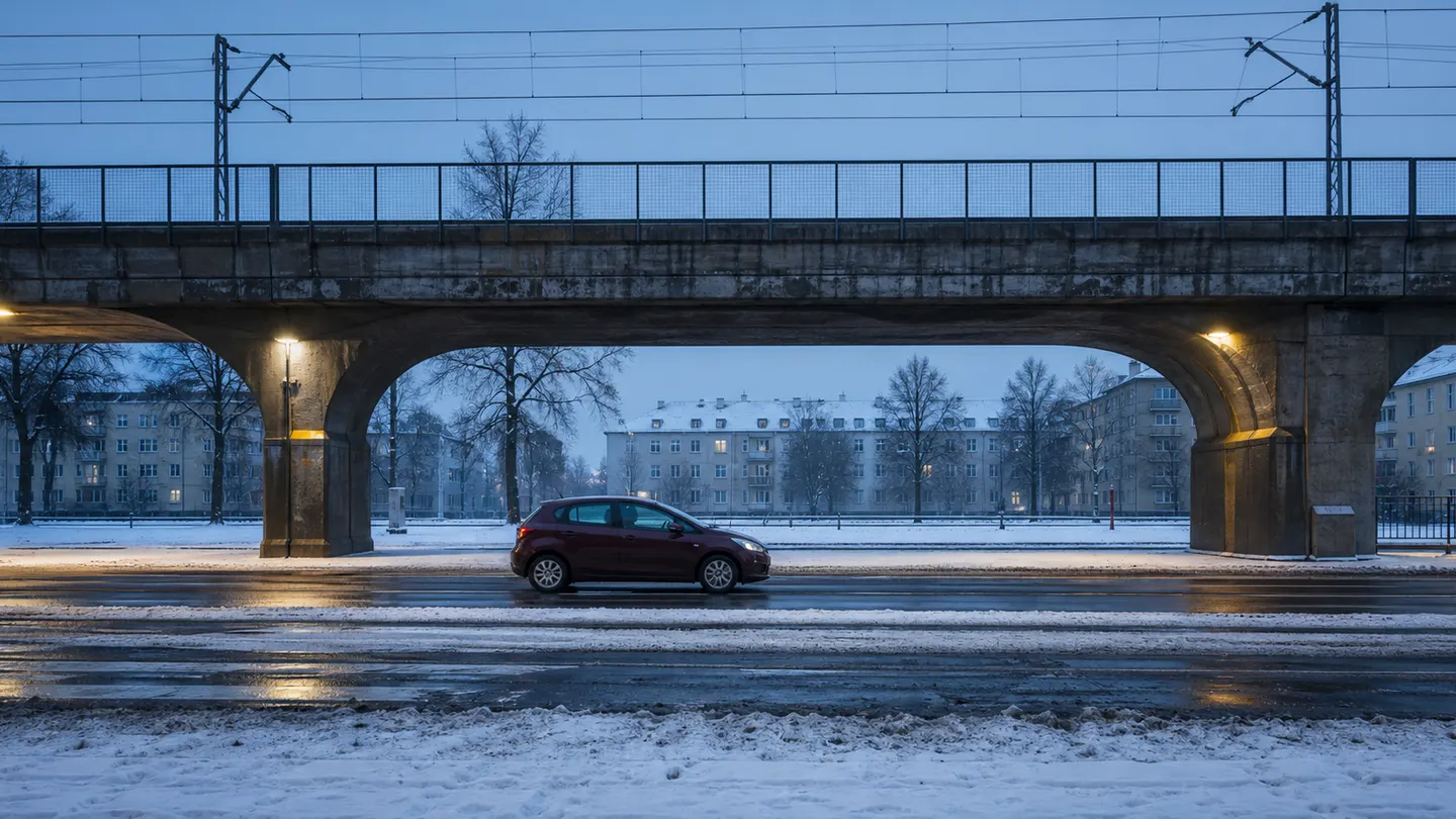 Bordowy hatchback pod kolejowym wiaduktem na mokrej drodze po odśnieżaniu - Michelin Alpin 6: mokre koleiny, śnieg przy krawędzi