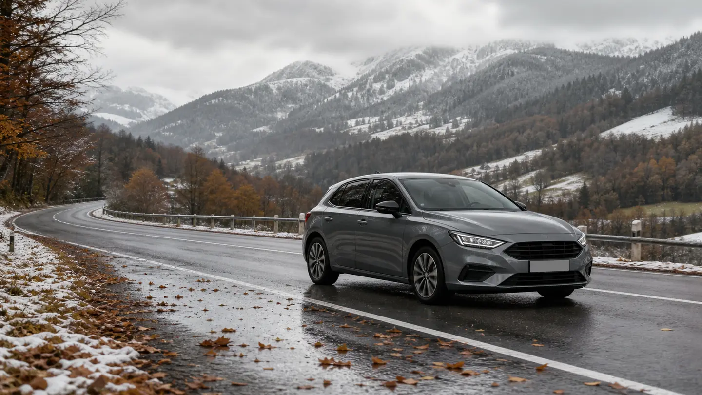 Rodzinny hatchback na mokrej jesiennej drodze prowadzącej ku lekkiej zimie - Michelin CrossClimate 2 od letniego deszczu po lekki śnieg