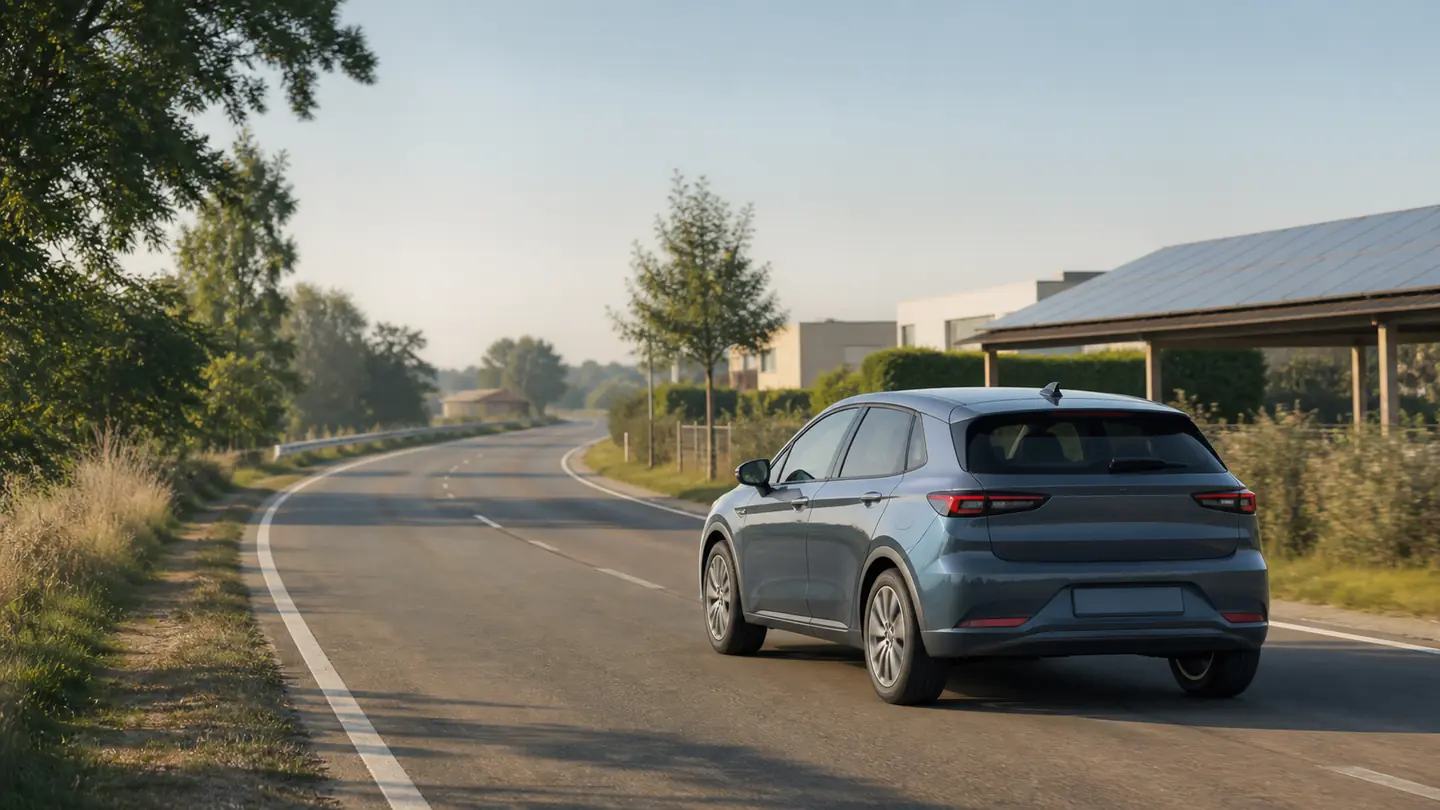 Nowoczesny hatchback na spokojnej letniej trasie obok zabudowy z panelami słonecznymi - Michelin e.Primacy w oszczędnej codziennej trasie