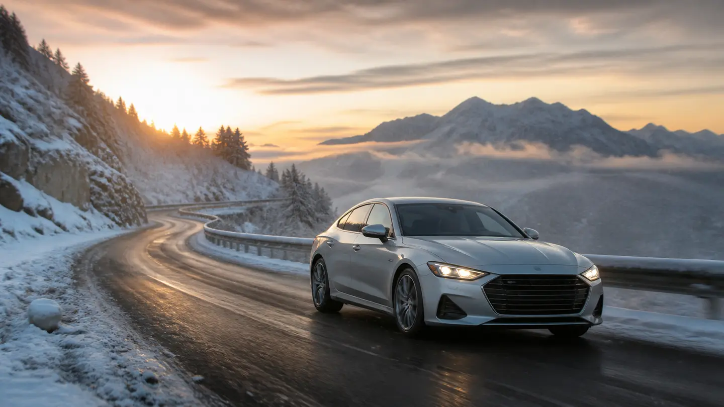 Srebrny fastback na mokrej odśnieżonej górskiej drodze o świcie - Michelin Pilot Alpin 5 na mokrą i zaśnieżoną zimową trasę