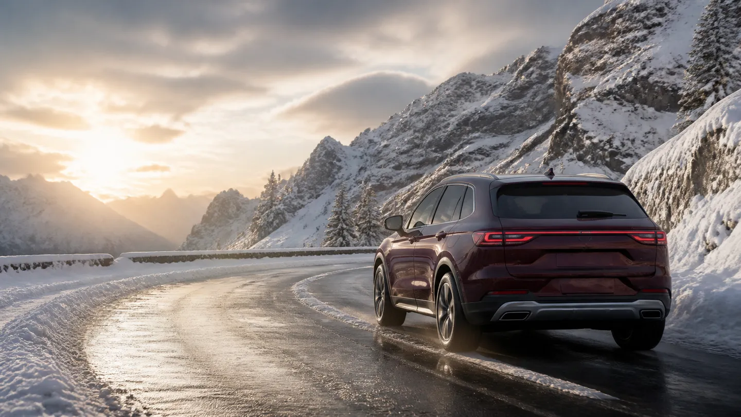 Bordowy SUV na mokrej odśnieżonej alpejskiej przełęczy o wschodzie słońca - Michelin Pilot Alpin 5 SUV na śnieżną górską trasę