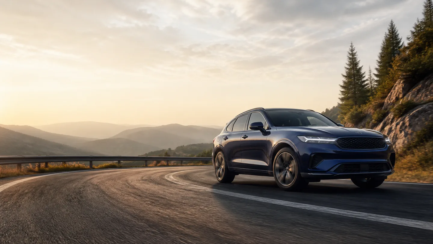 Granatowy SUV na szerokim górskim zakręcie o zachodzie słońca - Michelin Pilot Sport 4 SUV na suchą i mokrą trasę