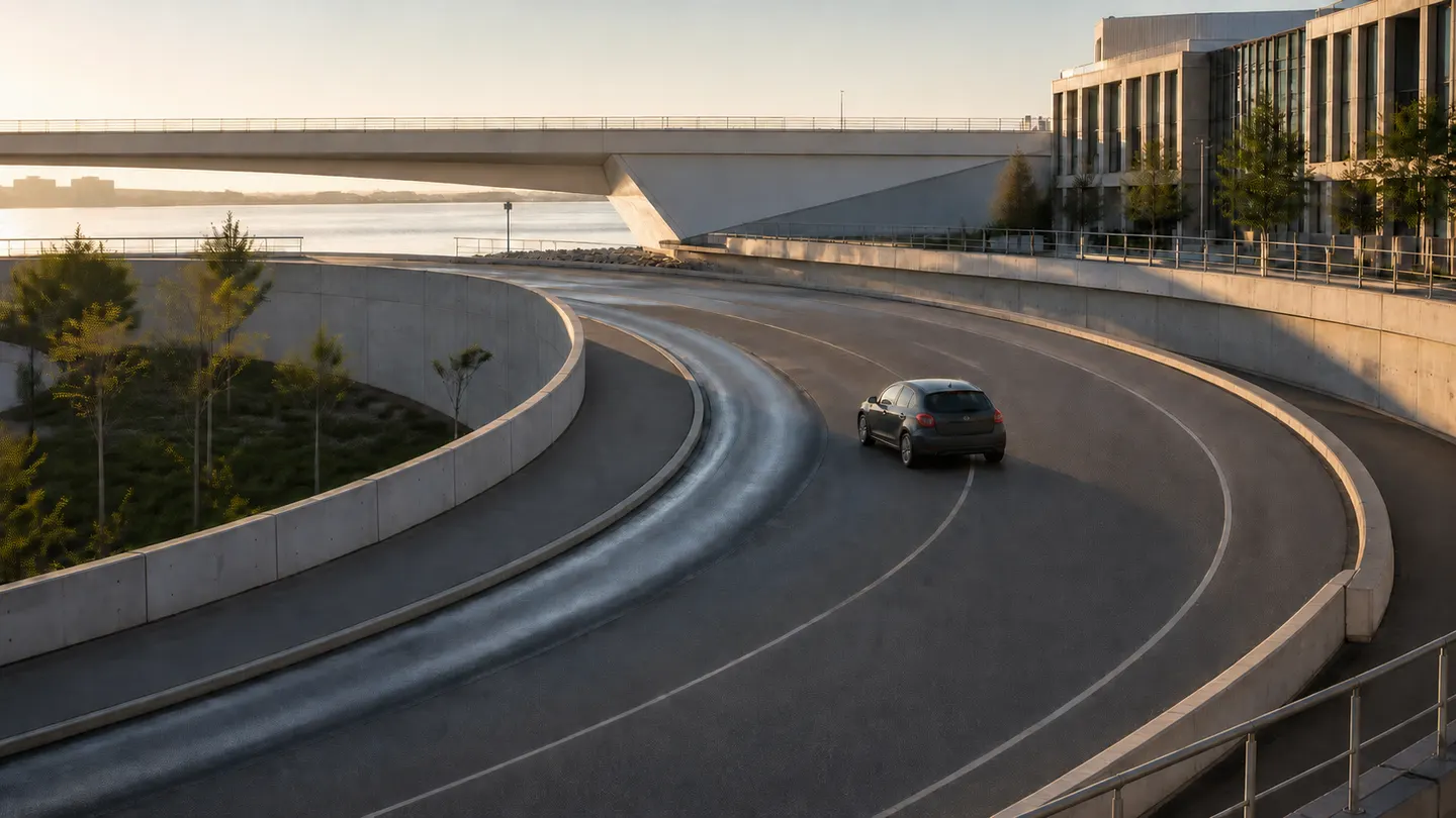 Grafitowy samochód na szerokim łuku nad wodą o wschodzie słońca - Michelin Pilot Sport 5 Energy: precyzyjny łuk, mniej strat na prostej