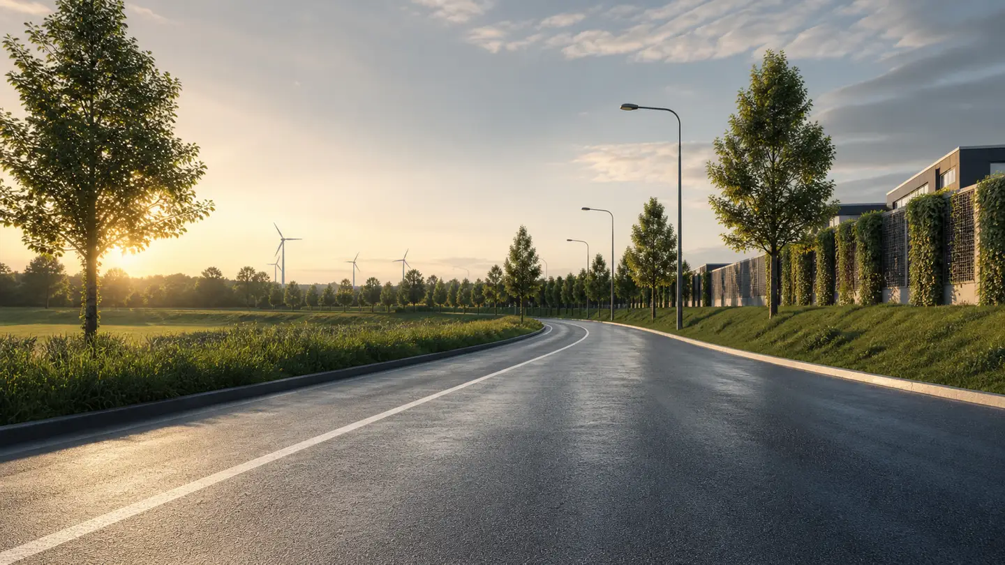 Pusta nowoczesna droga przez zielony teren podczas letniego wschodu słońca - Michelin Primacy 5 Energy na cichą, oszczędną trasę