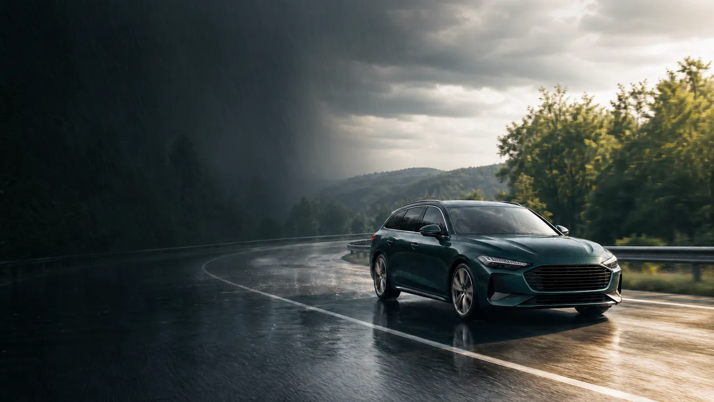 Zielone kombi wjeżdżające z nasłonecznionej trasy w letnią ulewę - Nokian PowerProof, gdy letnia trasa wpada w nagłą ulewę