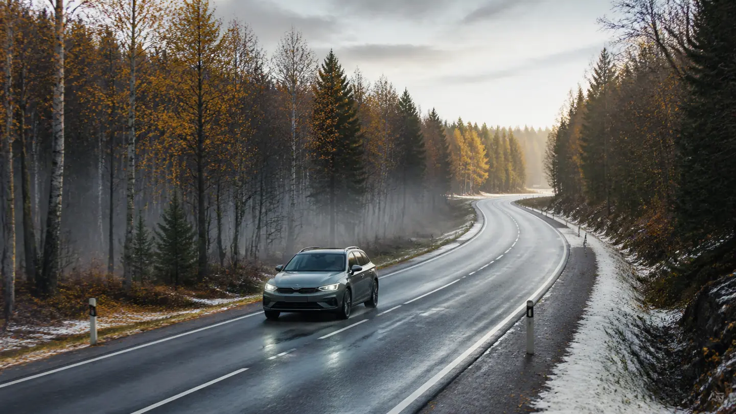 Samochód kombi na mokrej leśnej drodze między jesienią i lekką zimą - Nokian Tyres Seasonproof 2 na deszcz, błoto pośniegowe i lato