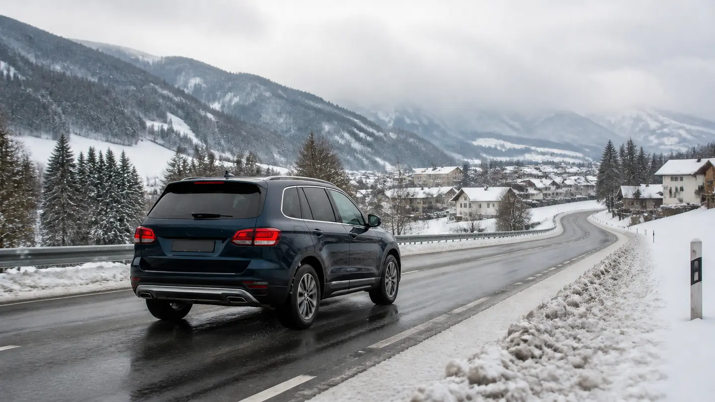 Ciemnogranatowy SUV na mokrej odśnieżonej drodze pośród górskiej zimy - Nokian Tyres Snowproof 2 SUV na zmienną zimową drogę