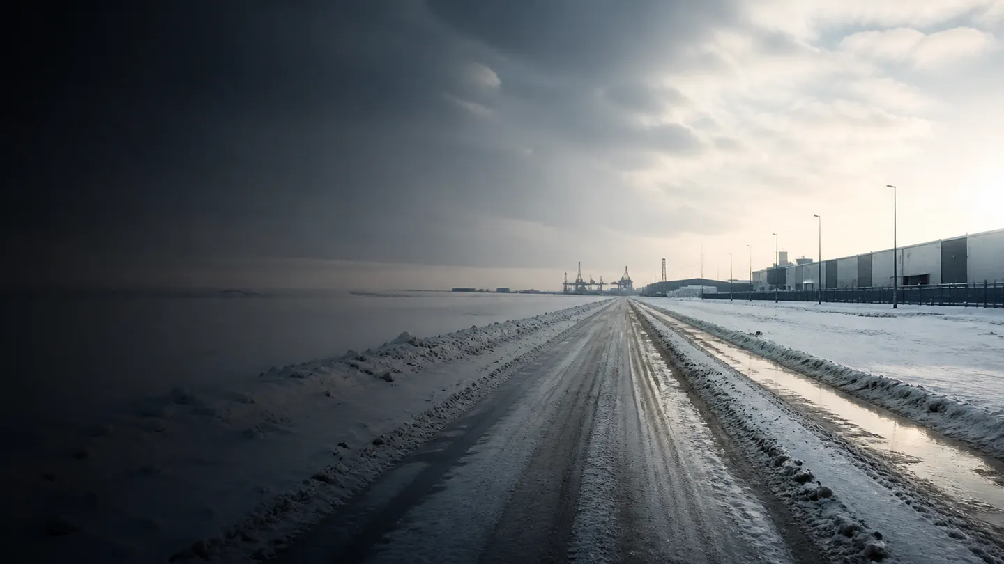 Pusta odśnieżona droga do strefy magazynowej w nordyckiej zimie - Nokian Snowproof C przez zimowy dzień pracy