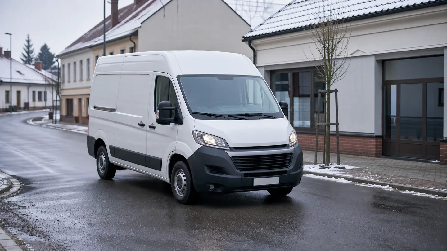 Biały samochód dostawczy na mokrej miejskiej ulicy z resztkami śniegu przy krawężniku - Pirelli Carrier All Season w miejskim rytmie stop-and-go