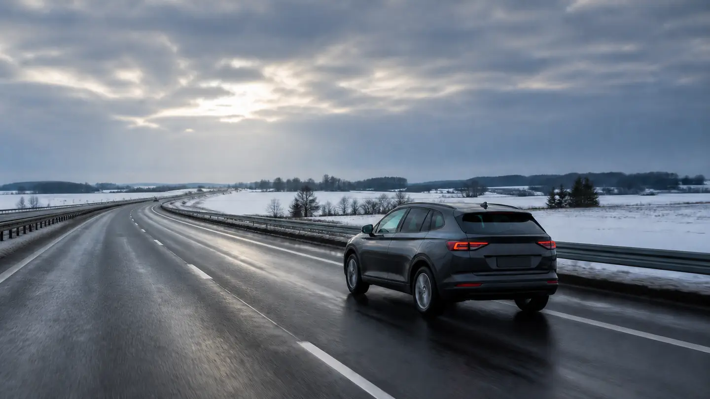 Ciemny crossover na mokrej zimowej autostradzie pośród ośnieżonych pól - Pirelli Cinturato Winter 2 na mokrą zimową trasę