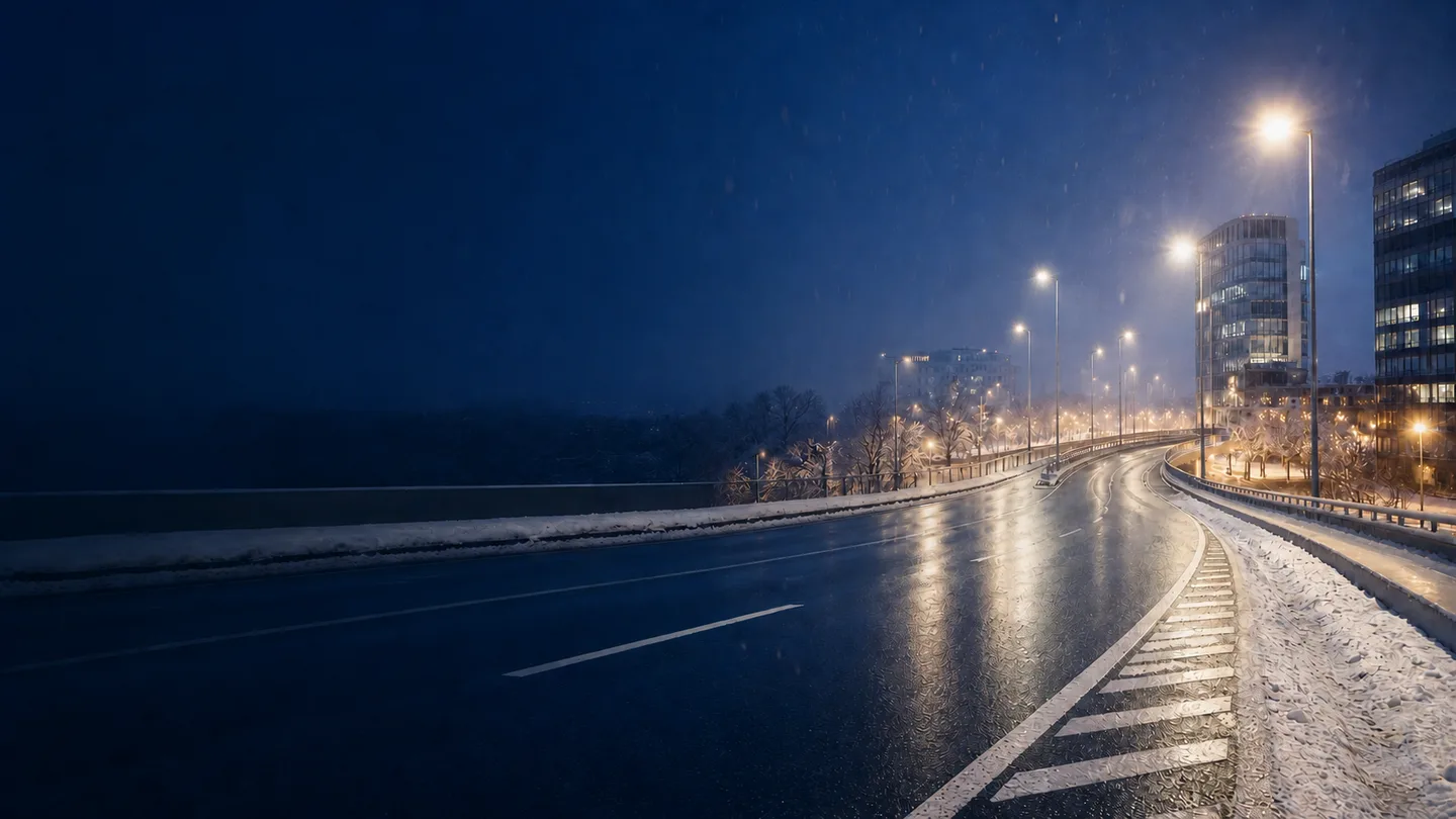 Pirelli Cinturato Winter 3 na mokrej miejskiej estakadzie ze śniegiem przy jezdni - Pirelli Cinturato Winter 3 na śnieg, wodę i błoto pośniegowe