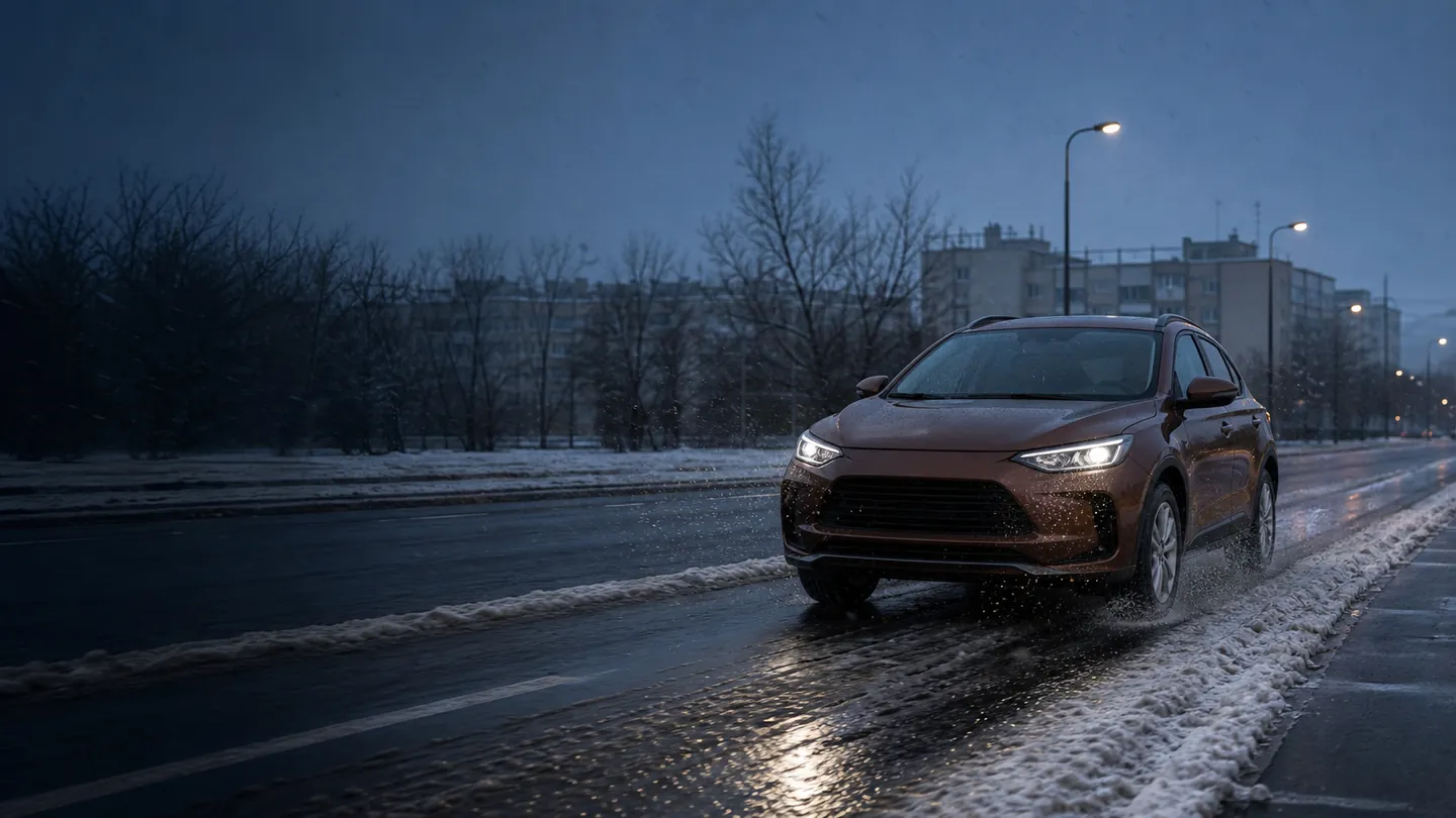 Miedziany crossover przejeżdżający przez mokry śnieg na miejskiej ulicy - Pirelli Powergy 2 Winter między śniegiem a odwilżą