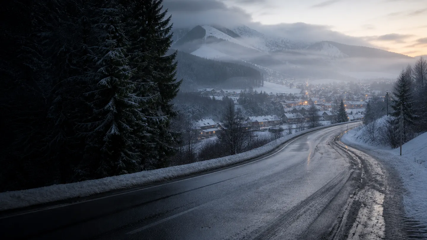 Pusta mokra zimowa droga schodząca do górskiej miejscowości pomiędzy śniegiem i mgłą - Pirelli Powergy Winter na śnieg, mokrą breję i suchą drogę