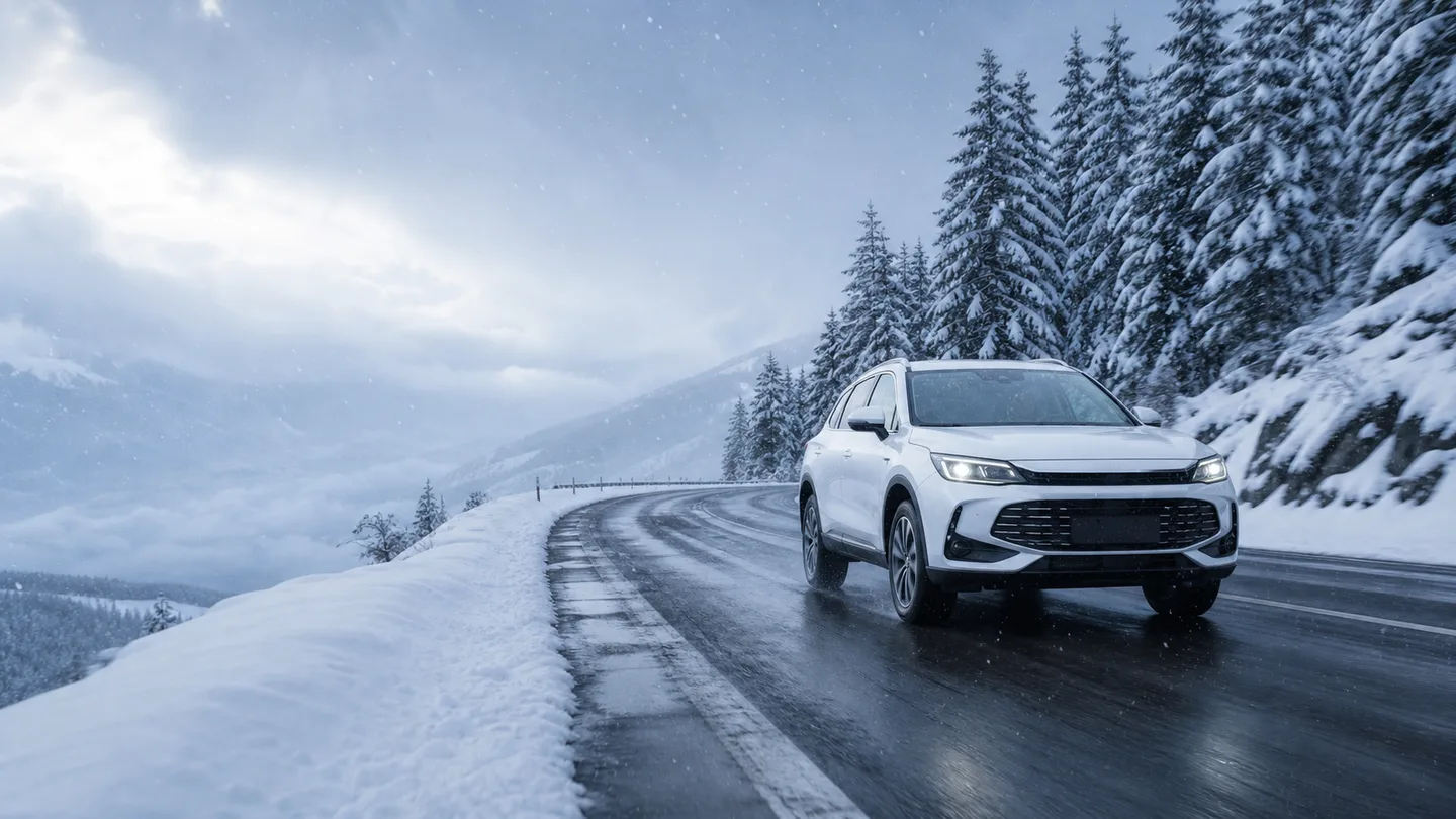 Biały SUV na mokrej odśnieżonej drodze pośród górskich świerków - Pirelli Scorpion Winter 2 na śnieg i mokrą drogę