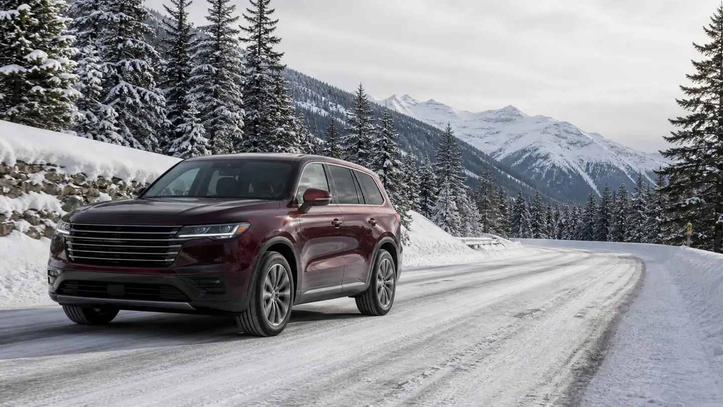 Duży SUV na zaśnieżonej alpejskiej drodze - Pirelli Scorpion Winter na zaśnieżoną trasę dużego samochodu