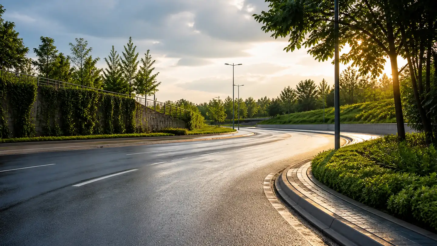 Pusta letnia obwodnica po krótkim deszczu przechodząca z mokrego cienia w słońce - RoadX RXMOTION DU71 na dojazdy i mokrą trasę