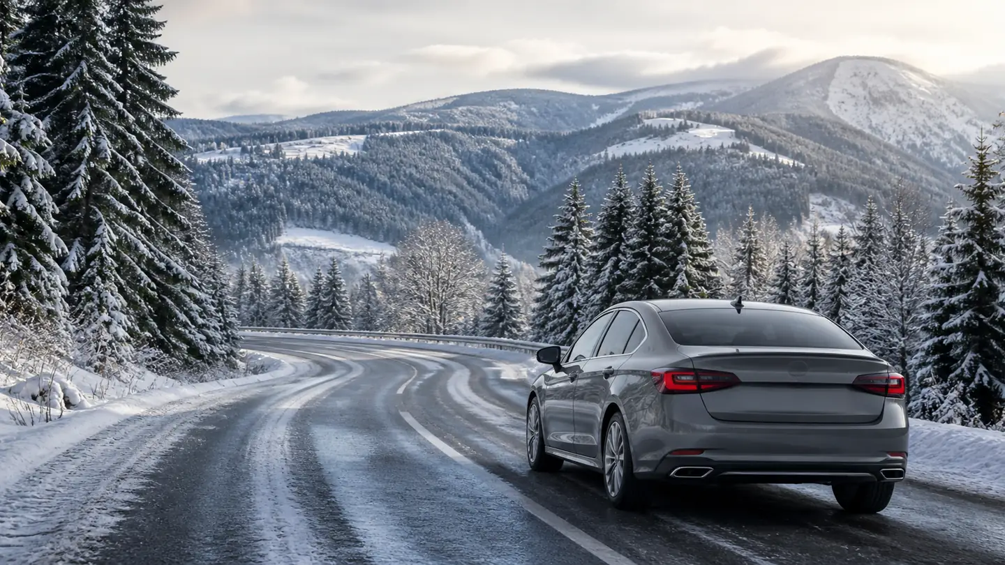 Rodzinny sedan na długiej zimowej drodze przez ośnieżone wzgórza - Semperit Speed-Grip 5 na dłuższą zimową podróż