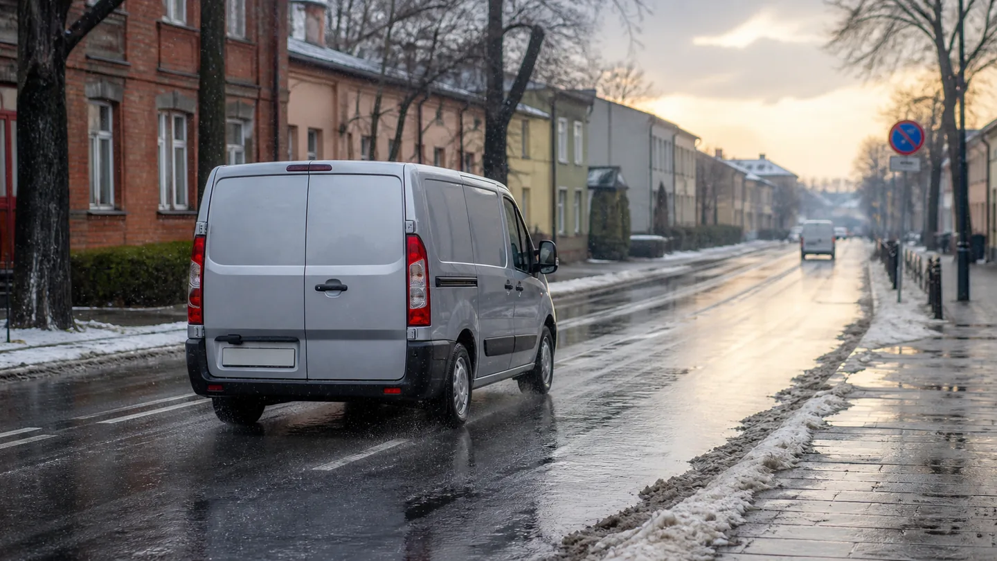 Srebrny van na mokrej ulicy z błotem pośniegowym przy krawężniku - Toyo Celsius Cargo przez mokrą ulicę i zimową odwilż