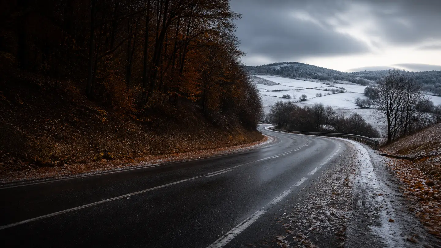 Toyo Observe S944 na mokrej drodze między lasem i polami pokrytymi świeżym śniegiem - Toyo Observe S944 na mokrą i śnieżną zimową drogę