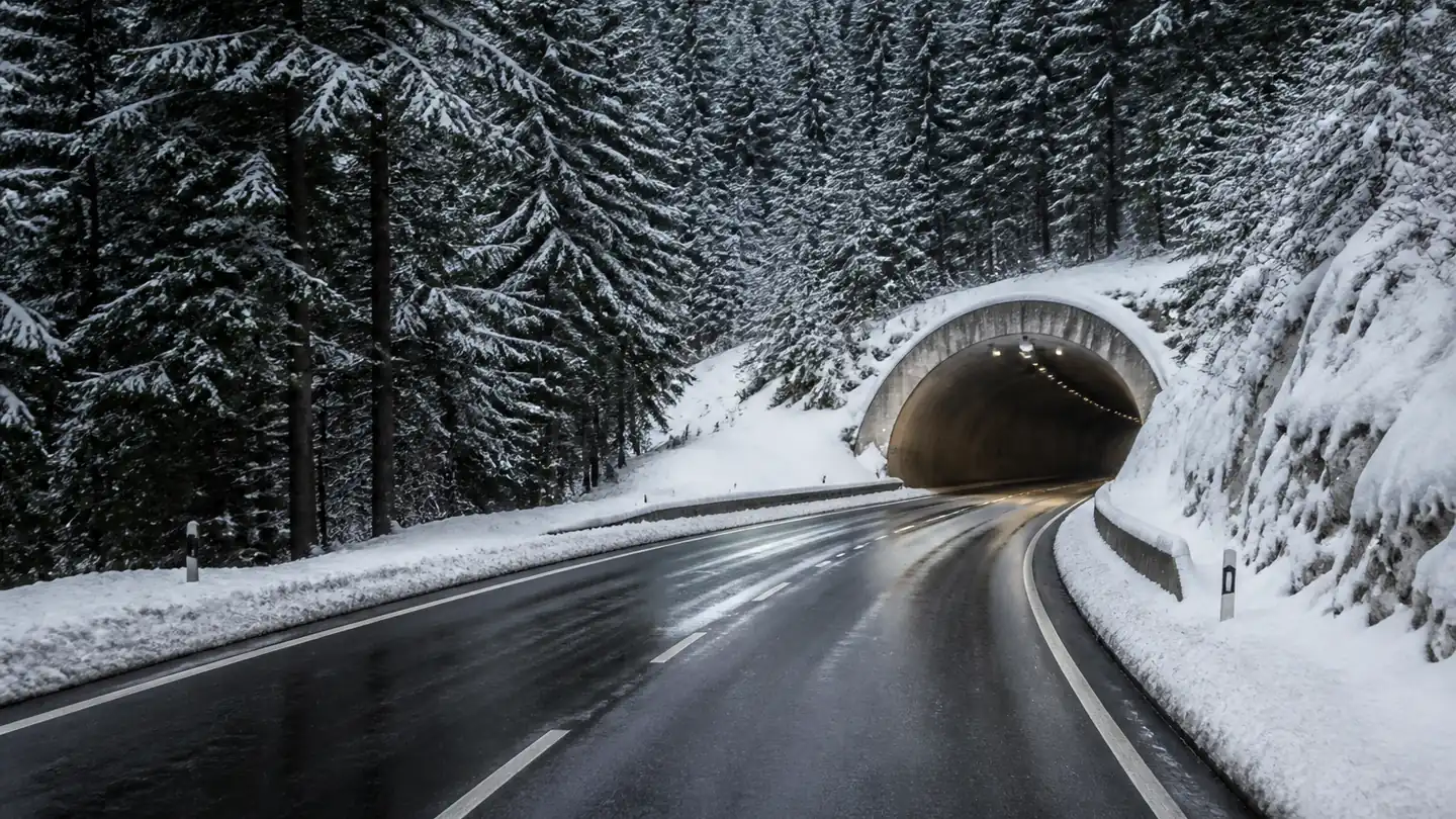 Pusta mokra zimowa droga prowadząca do tunelu między ośnieżonymi świerkami - Toyo Snowprox S954 SUV na zimową drogę przez góry