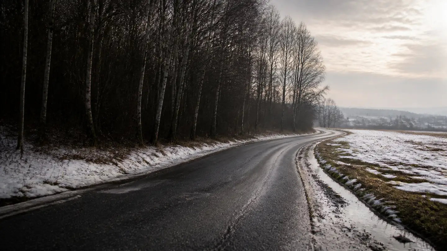 Pusta lokalna droga pomiędzy brzozowym lasem i polem podczas zimowej odwilży - Trazano SW608 przez śnieg, breję i zimową wodę