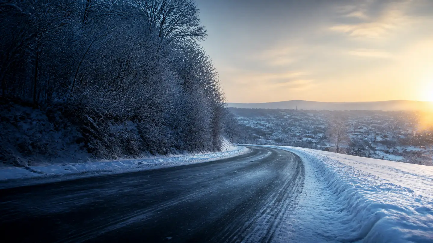 Pusta odśnieżona droga na skraju zimowego miasta o wschodzie słońca - Trazano ZuperSnow Z-507 na zaśnieżoną drogę