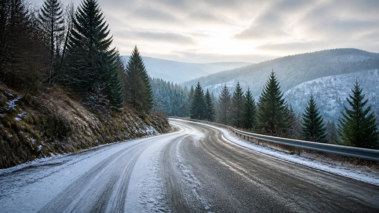 Pusta oszroniona droga wśród górskiego lasu z mokrym i zaśnieżonym pasem - Triangle WinterX na śnieg, lód i mokry asfalt