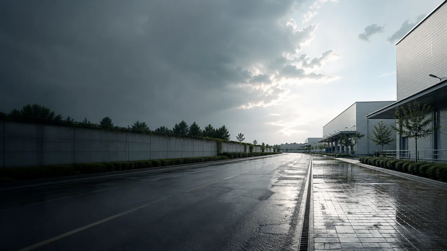 Uniroyal Rain Max 5 na mokrej drodze między halami dzielnicy logistycznej - Uniroyal Rain Max 5 na mokre trasy samochodu dostawczego